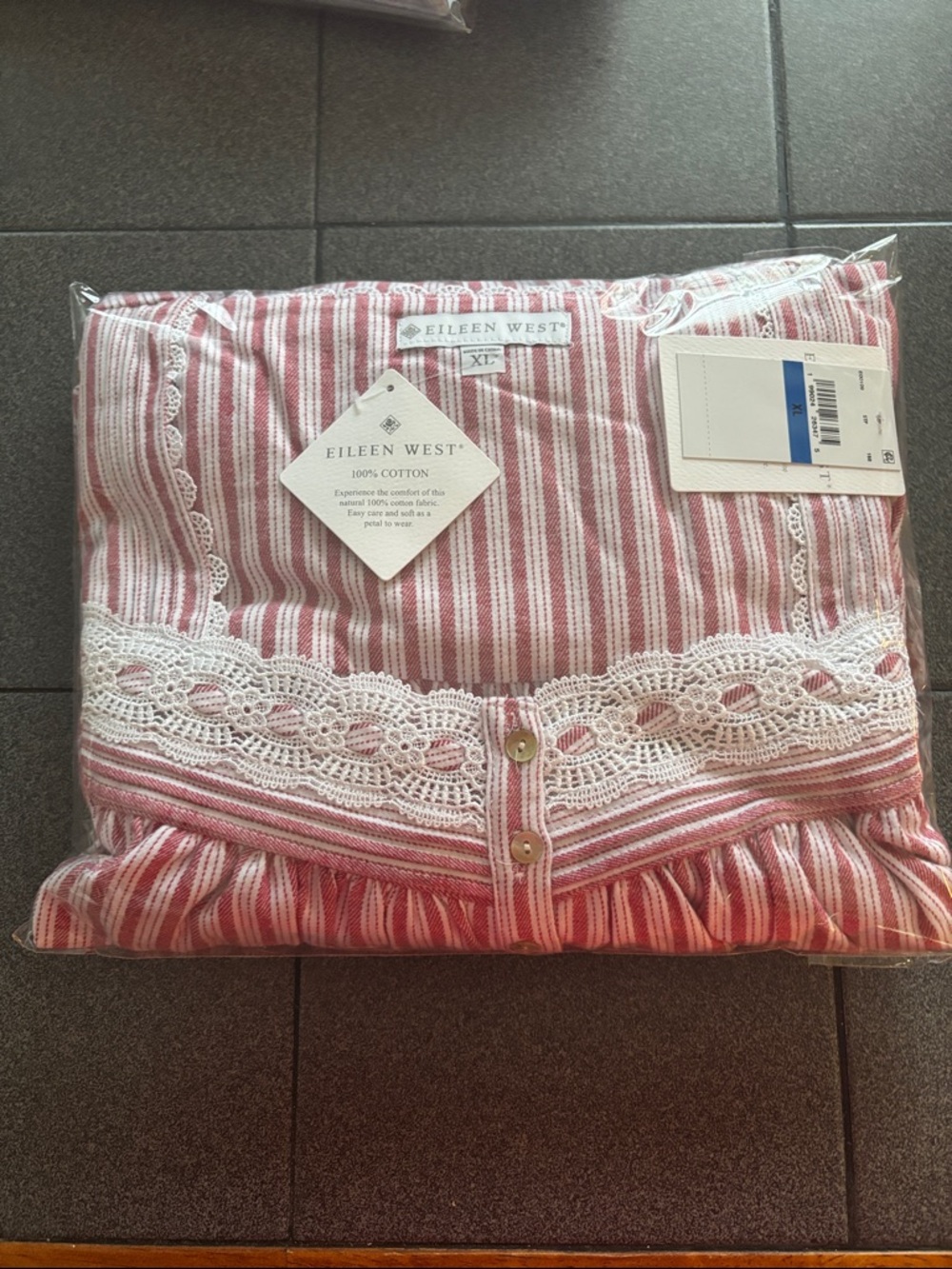 Eileen West Pink and White Striped Lace-Trim Nightgown - Picture 5 of 5
